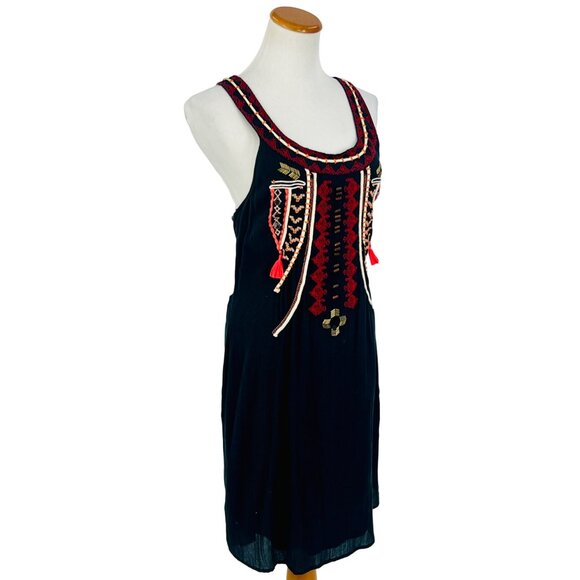 VINTAGE Free People Black Boho Embroidered Dress • Tassel Cutout Back Y2K Hippie - Picture 6 of 16